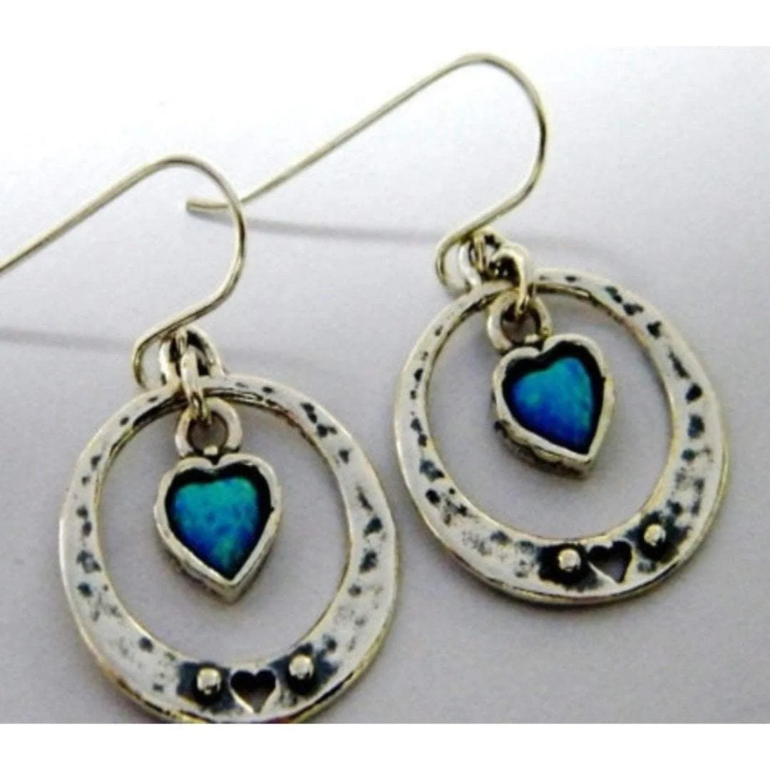 Sterling silver earrings, Blue opal earrings, heart earrings,  earrings for women