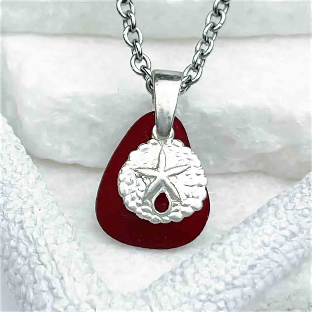 Sundown Red Sea Glass Pendant with Sterling Silver Sand Dollar Charm | 5249