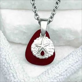 Sundown Red Sea Glass Pendant with Sterling Silver Sand Dollar Charm | 5249