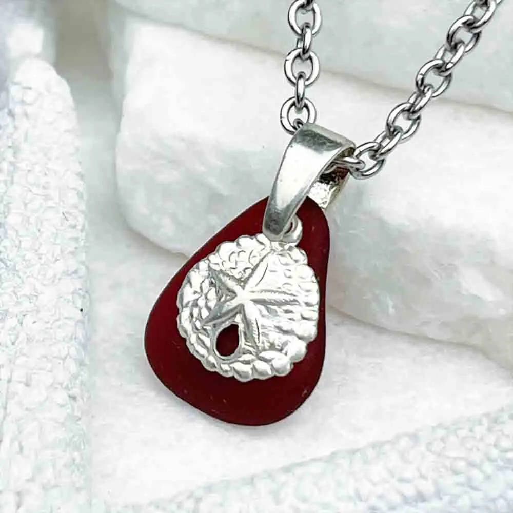 Sundown Red Sea Glass Pendant with Sterling Silver Sand Dollar Charm | 5249