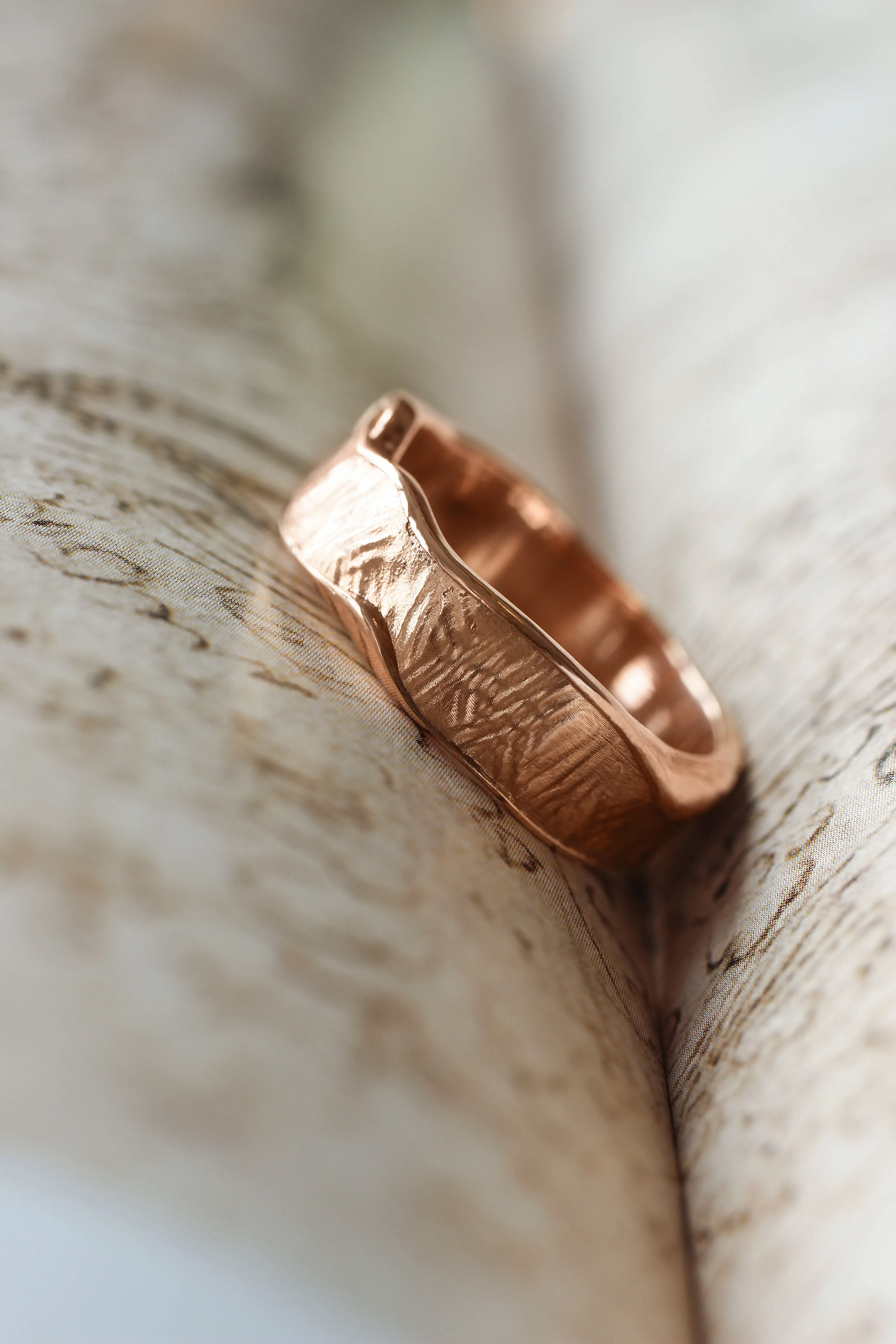 Textured men's wedding band, melted ring with fabric texture