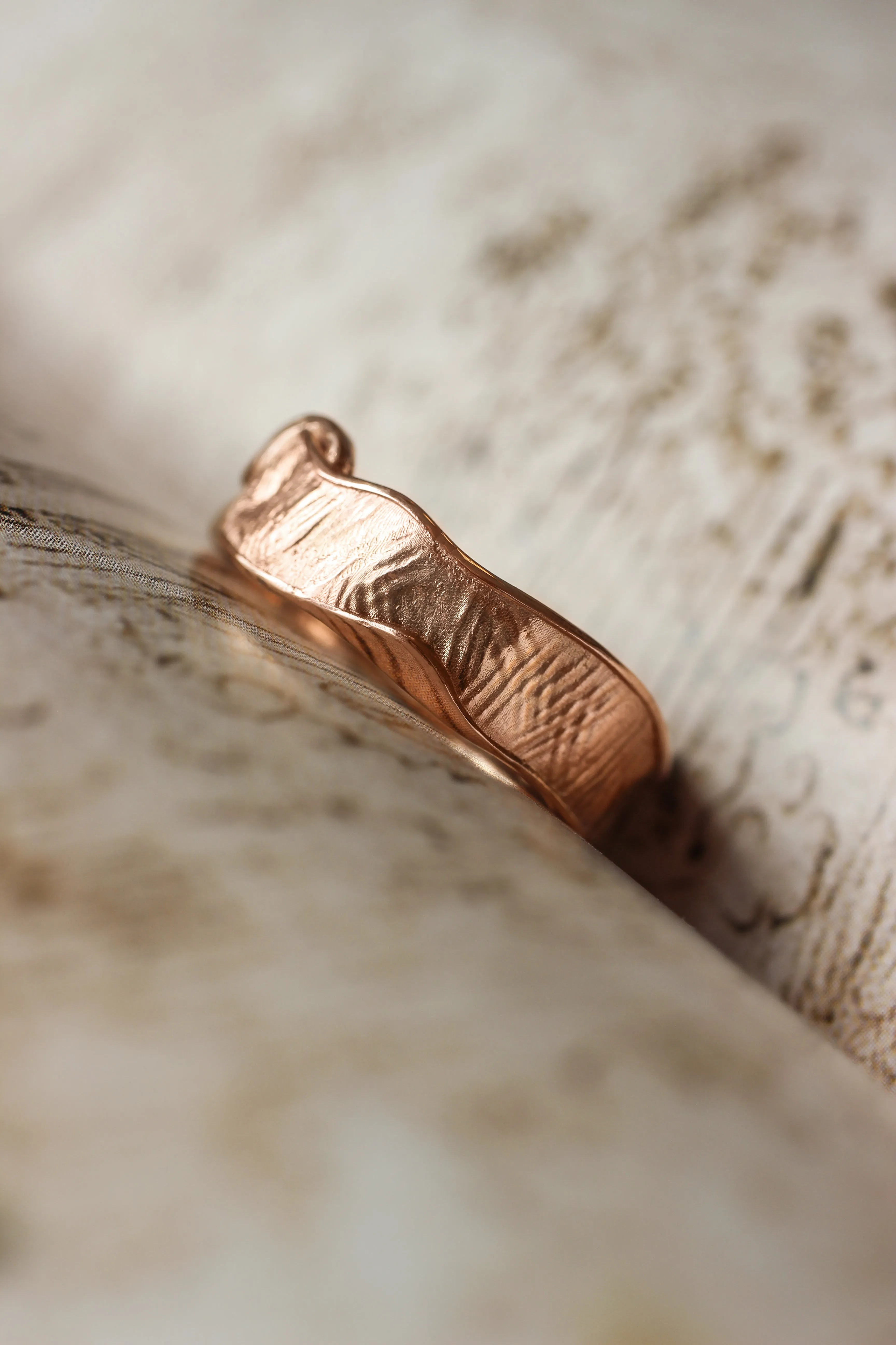 Textured men's wedding band, melted ring with fabric texture