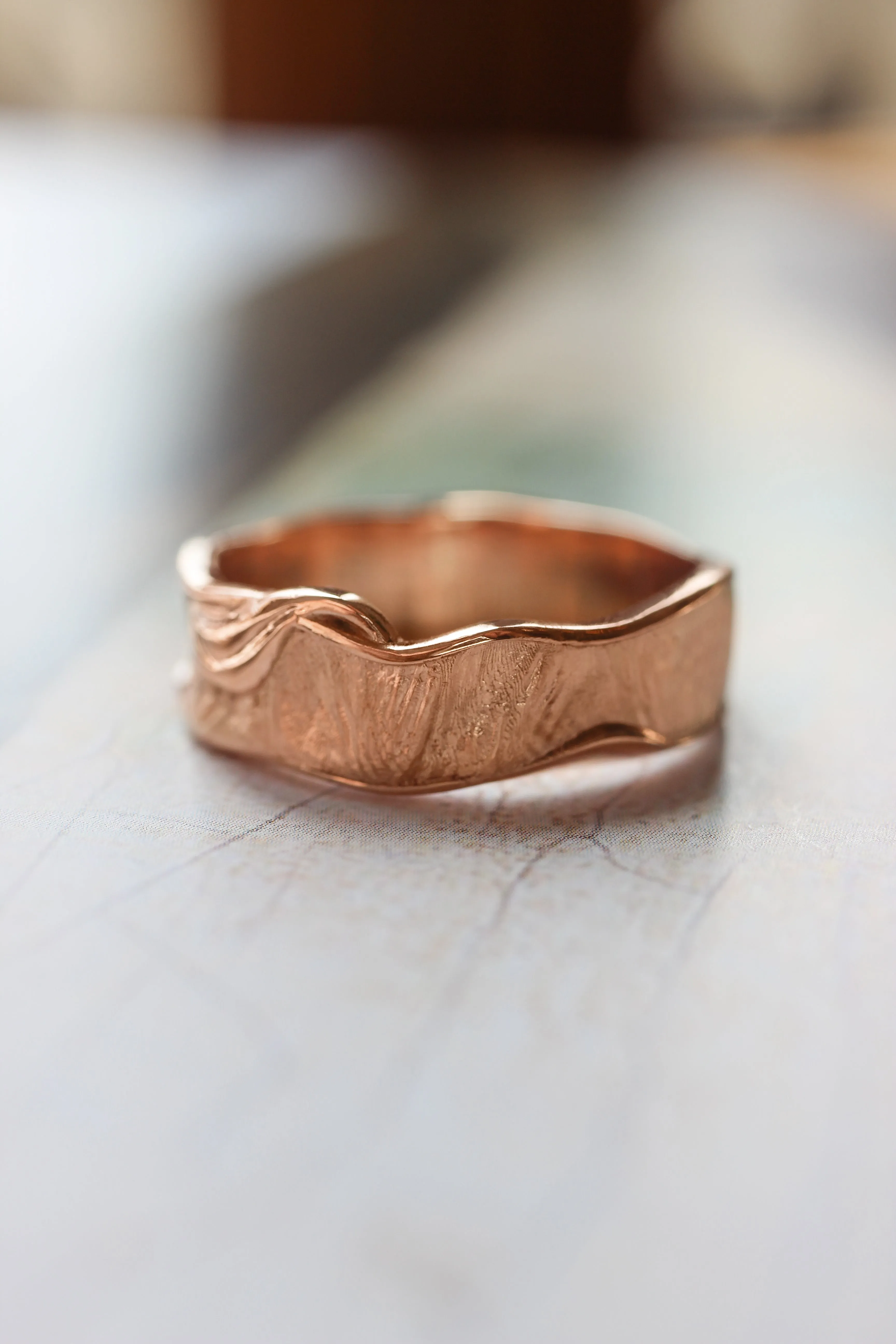 Textured men's wedding band, melted ring with fabric texture