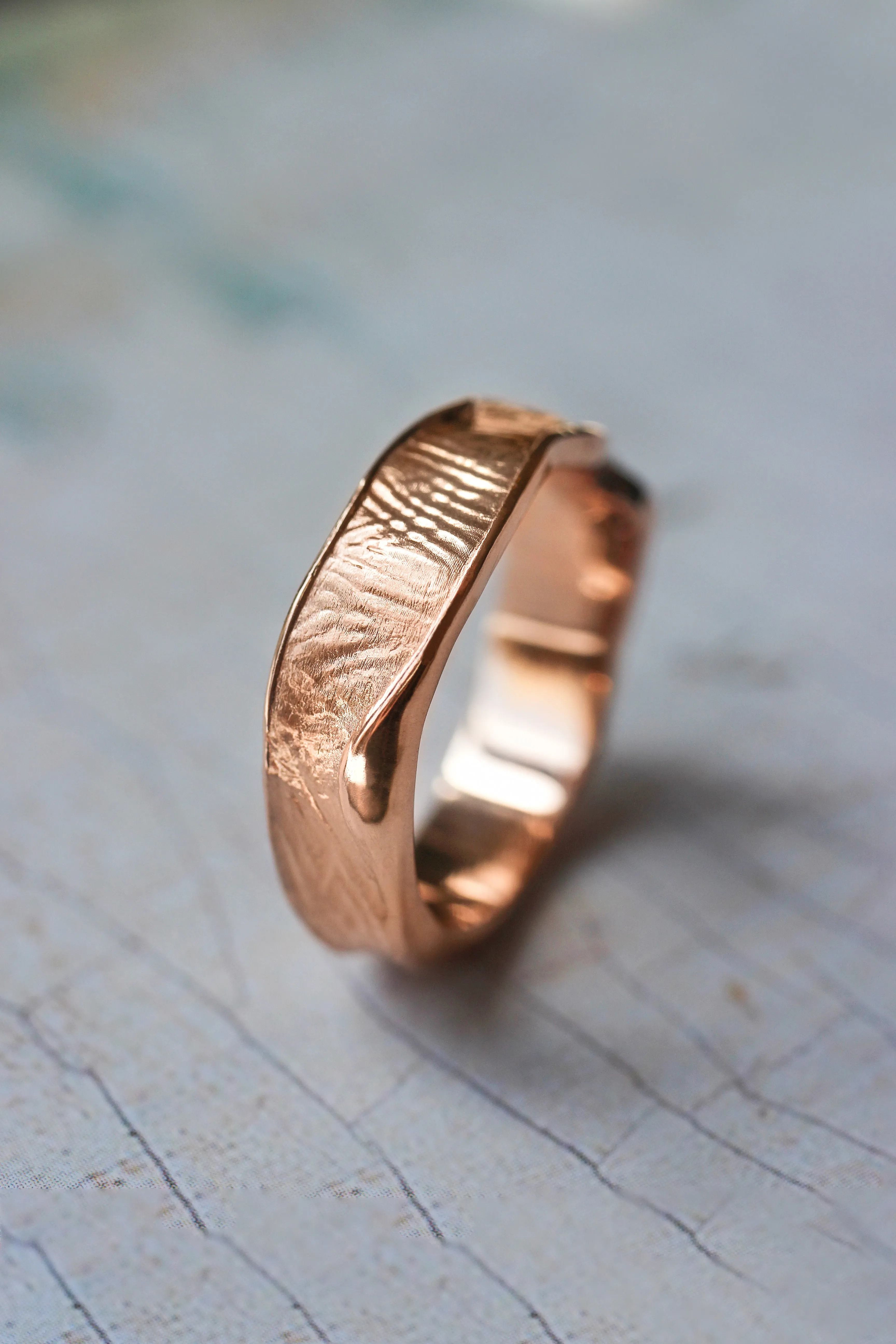 Textured men's wedding band, melted ring with fabric texture