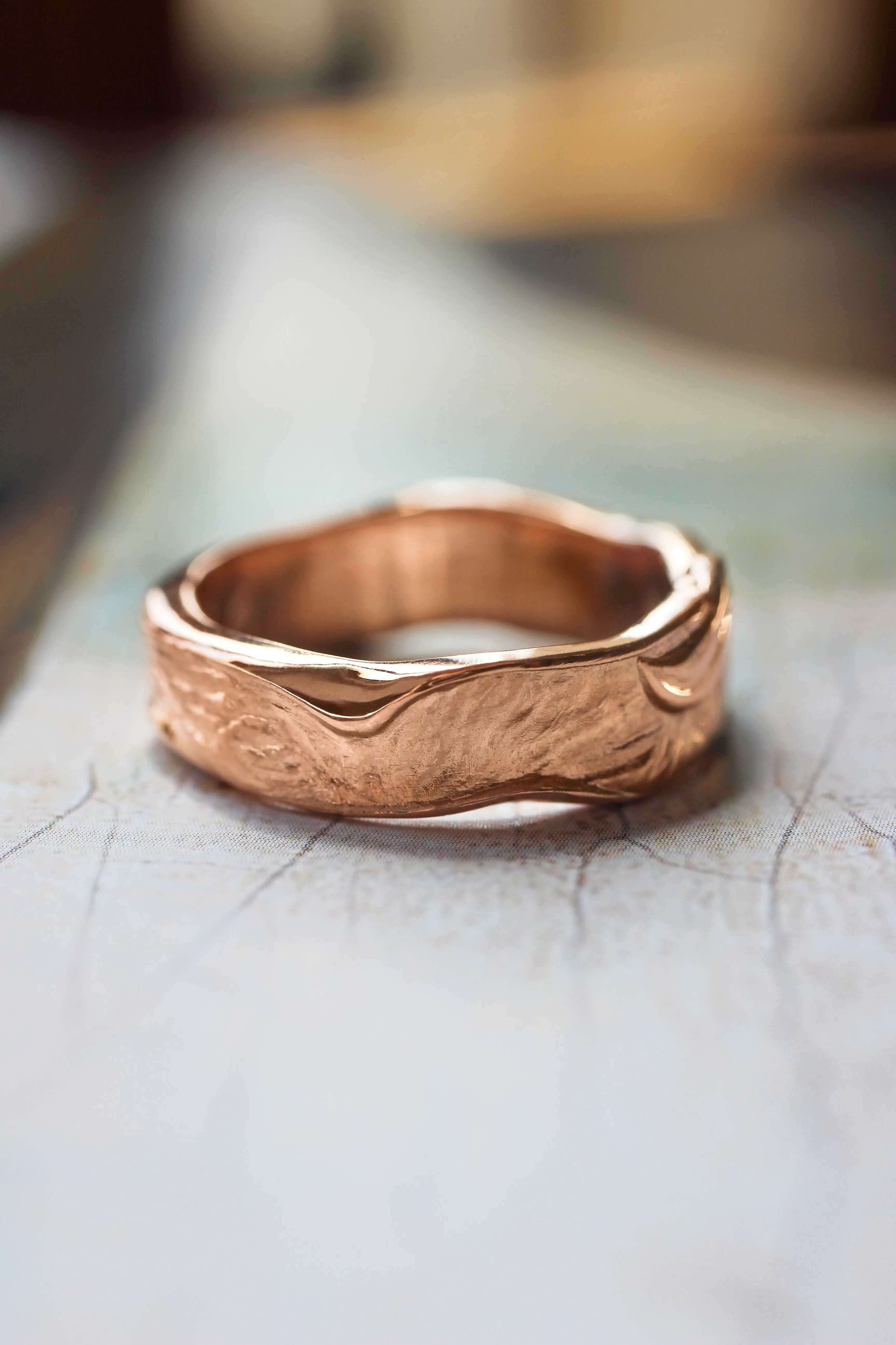 Textured men's wedding band, melted ring with fabric texture