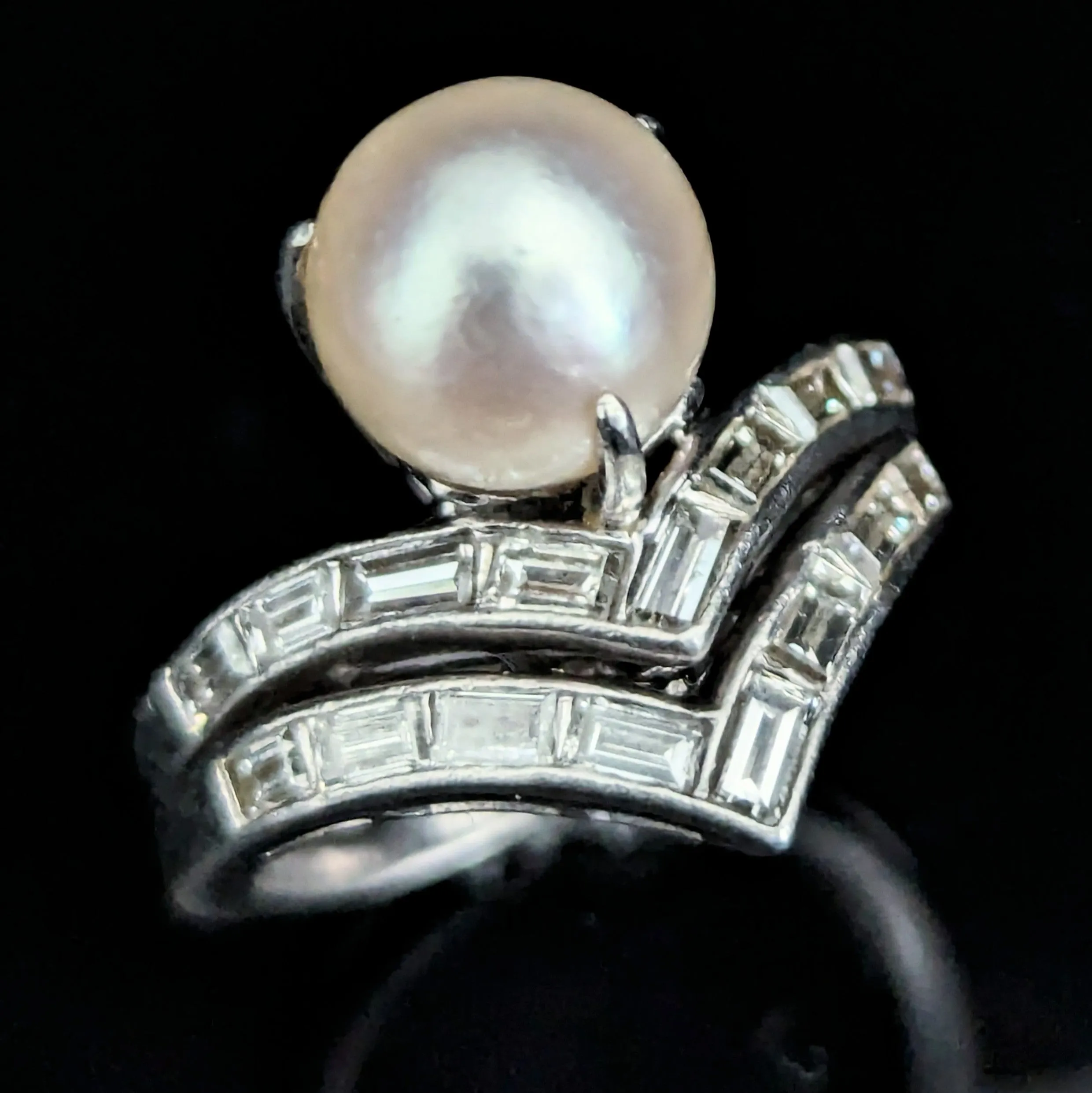 The Polignano - 1950s Pearl Diamonds Platinum Vintage Ring Set