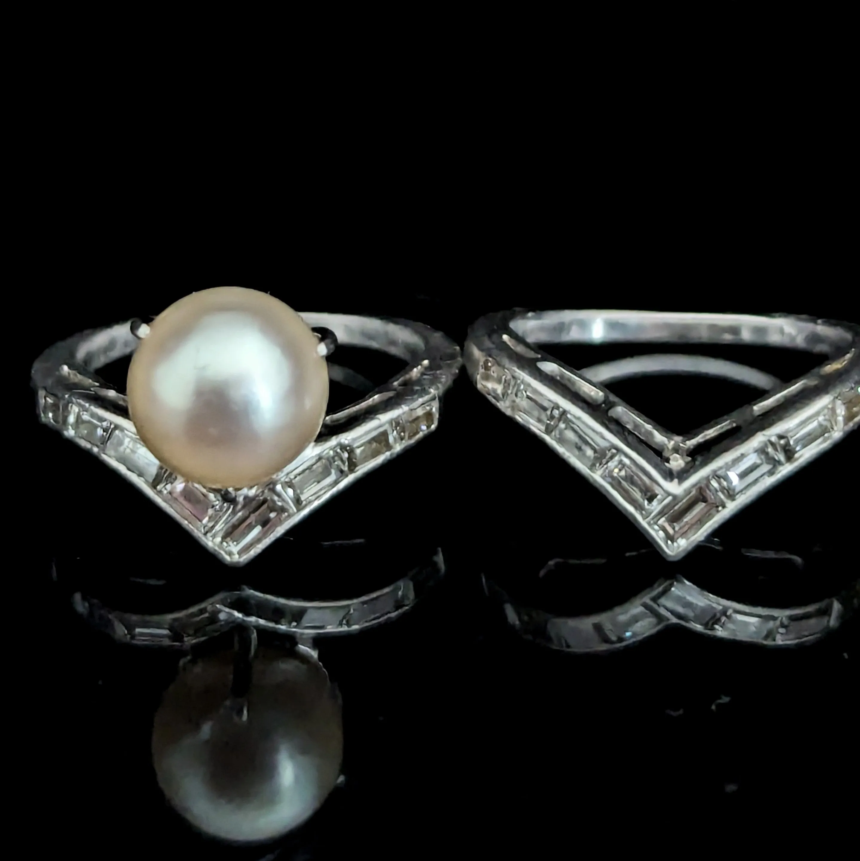 The Polignano - 1950s Pearl Diamonds Platinum Vintage Ring Set