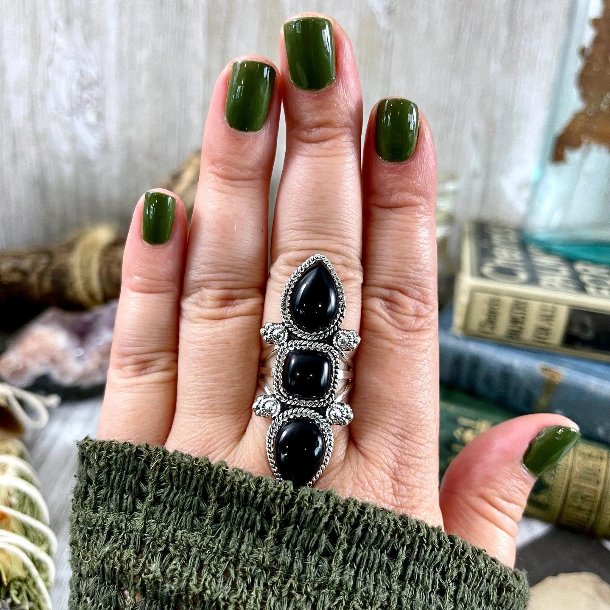 Triple Stone Black Onyx Ring in Solid Sterling Silver- Designed by FOXLARK Collection Size 5 6 7 8 9 10 11 / Big Crystal Ring Witchy Jewelry