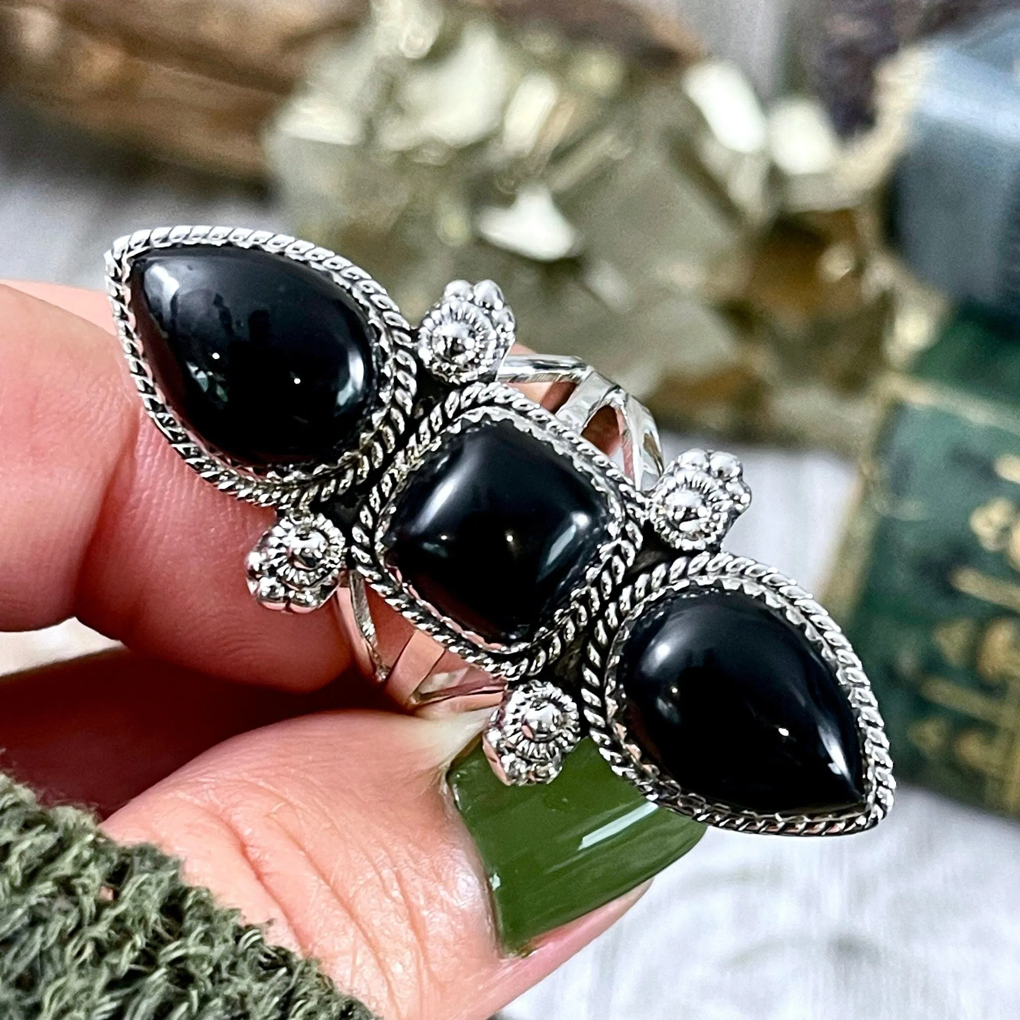 Triple Stone Black Onyx Ring in Solid Sterling Silver- Designed by FOXLARK Collection Size 5 6 7 8 9 10 11 / Big Crystal Ring Witchy Jewelry