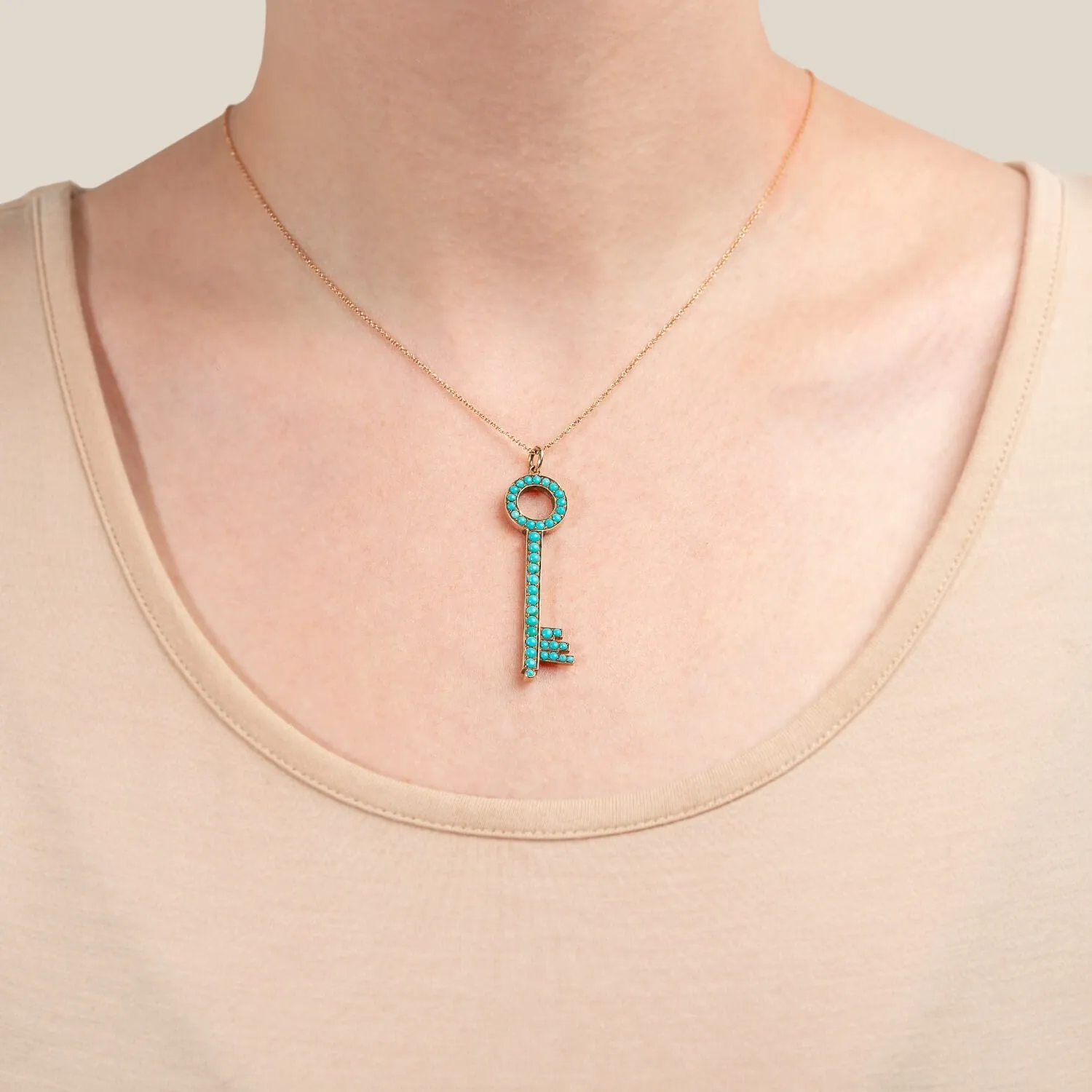 Victorian 14kt Rose Gold   Persian Turquoise Key Pendant Necklace