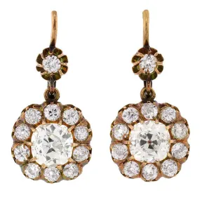 Victorian 18kt Yellow Gold Diamond Cluster Earrings 3.40ctw