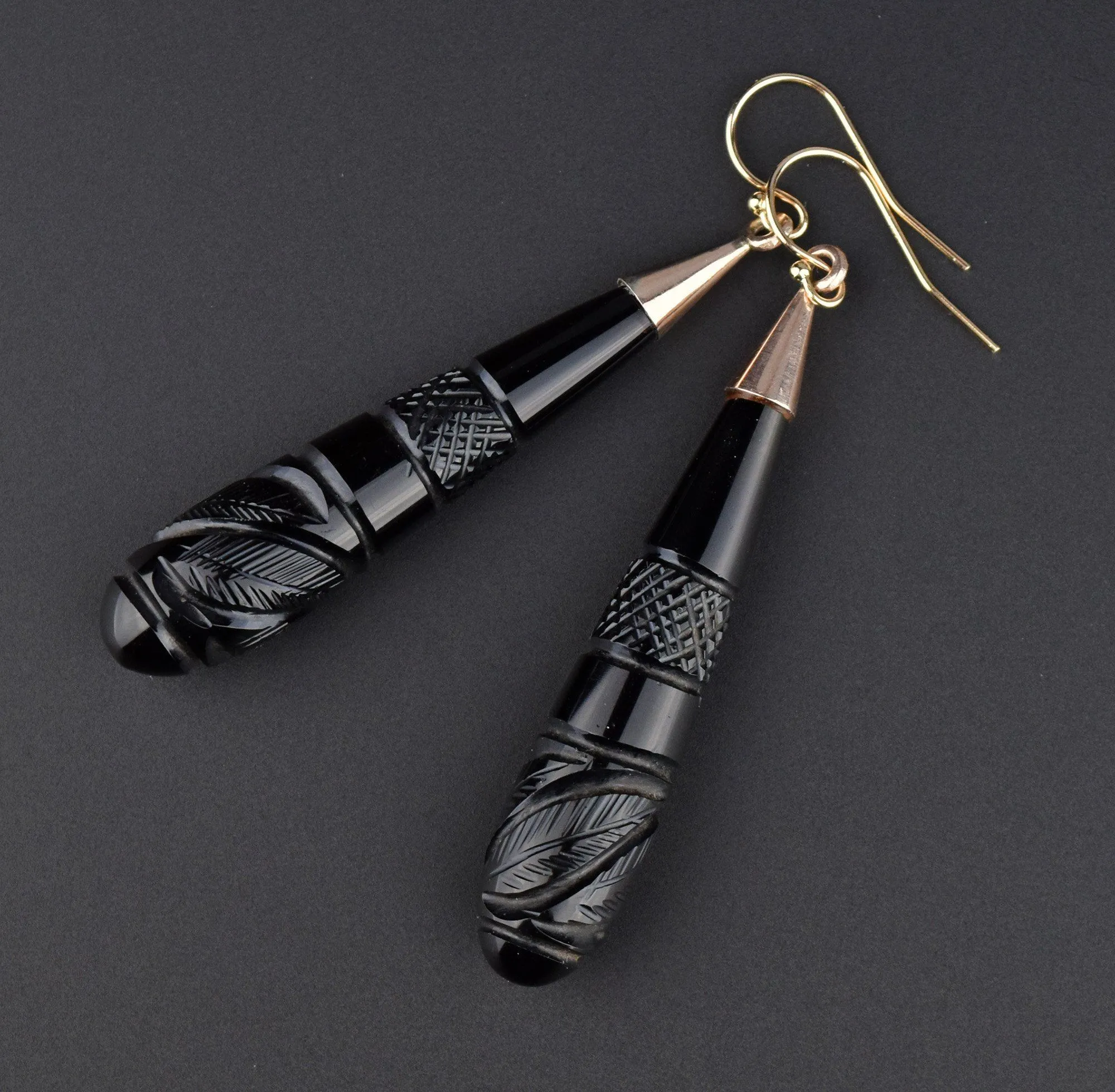 Victorian Carved Whitby Jet 14K Gold Earrings