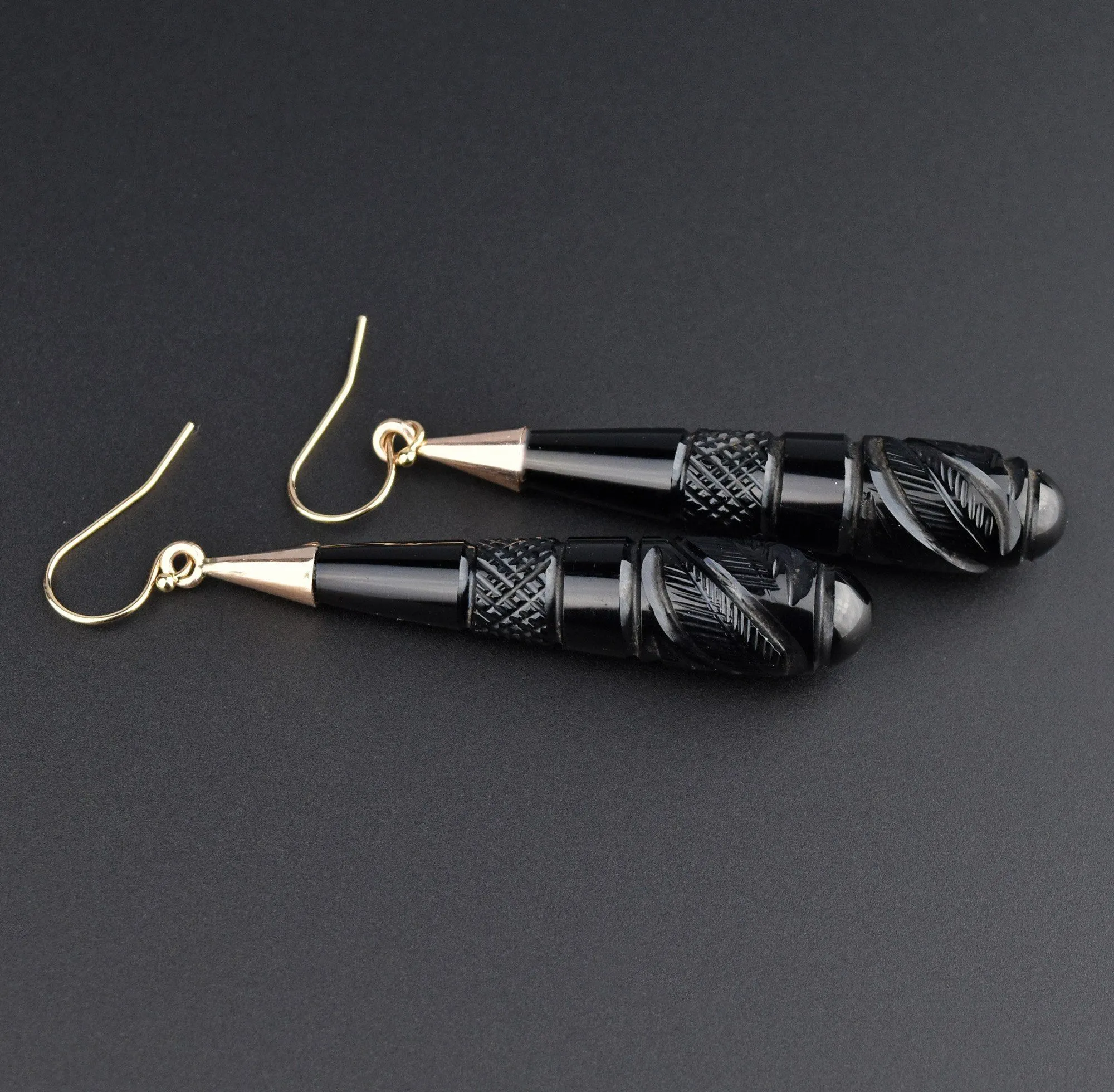 Victorian Carved Whitby Jet 14K Gold Earrings