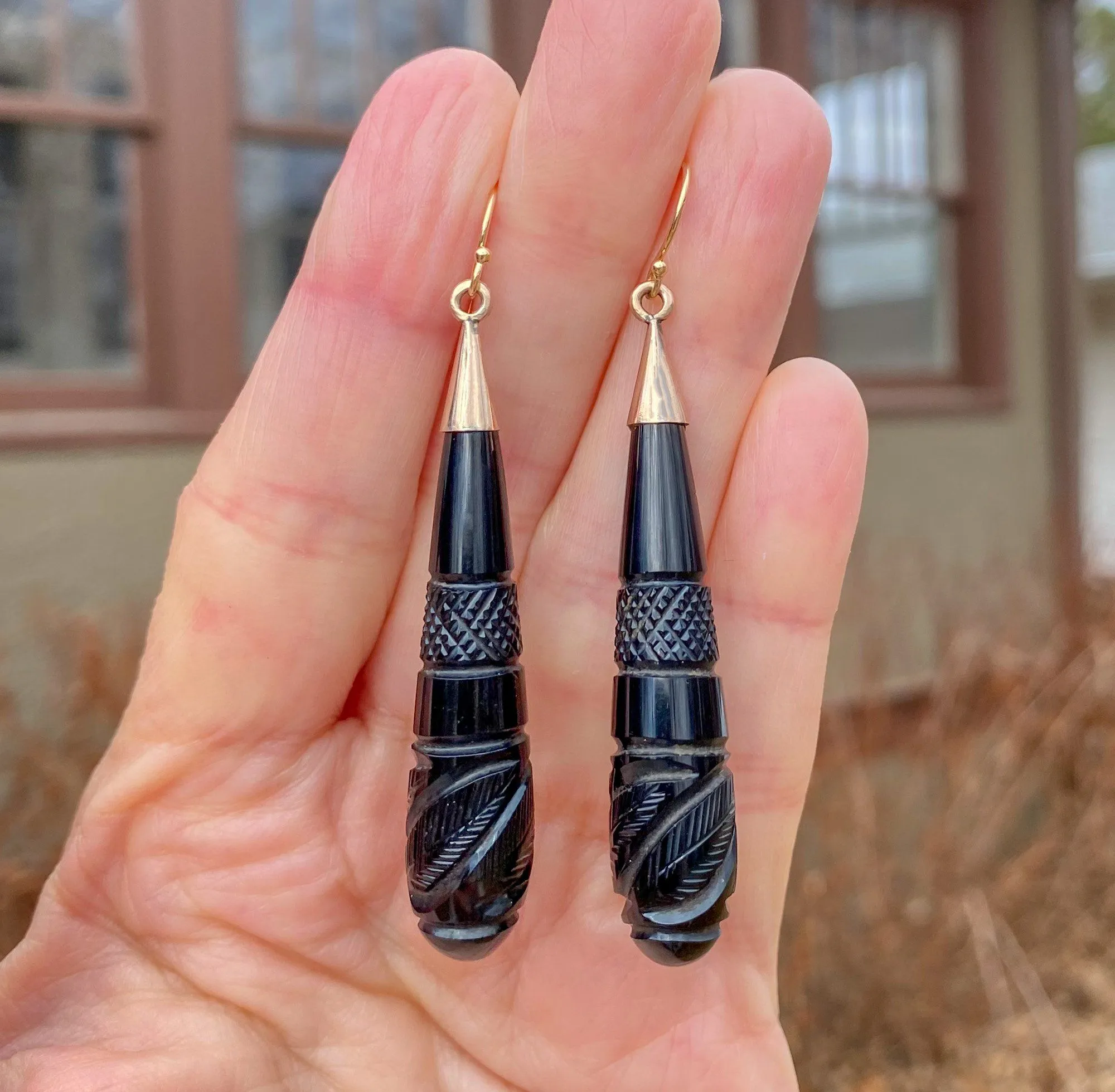 Victorian Carved Whitby Jet 14K Gold Earrings