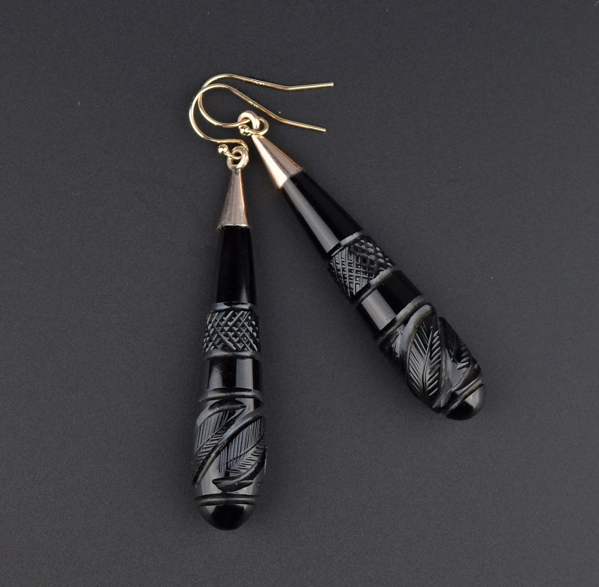 Victorian Carved Whitby Jet 14K Gold Earrings