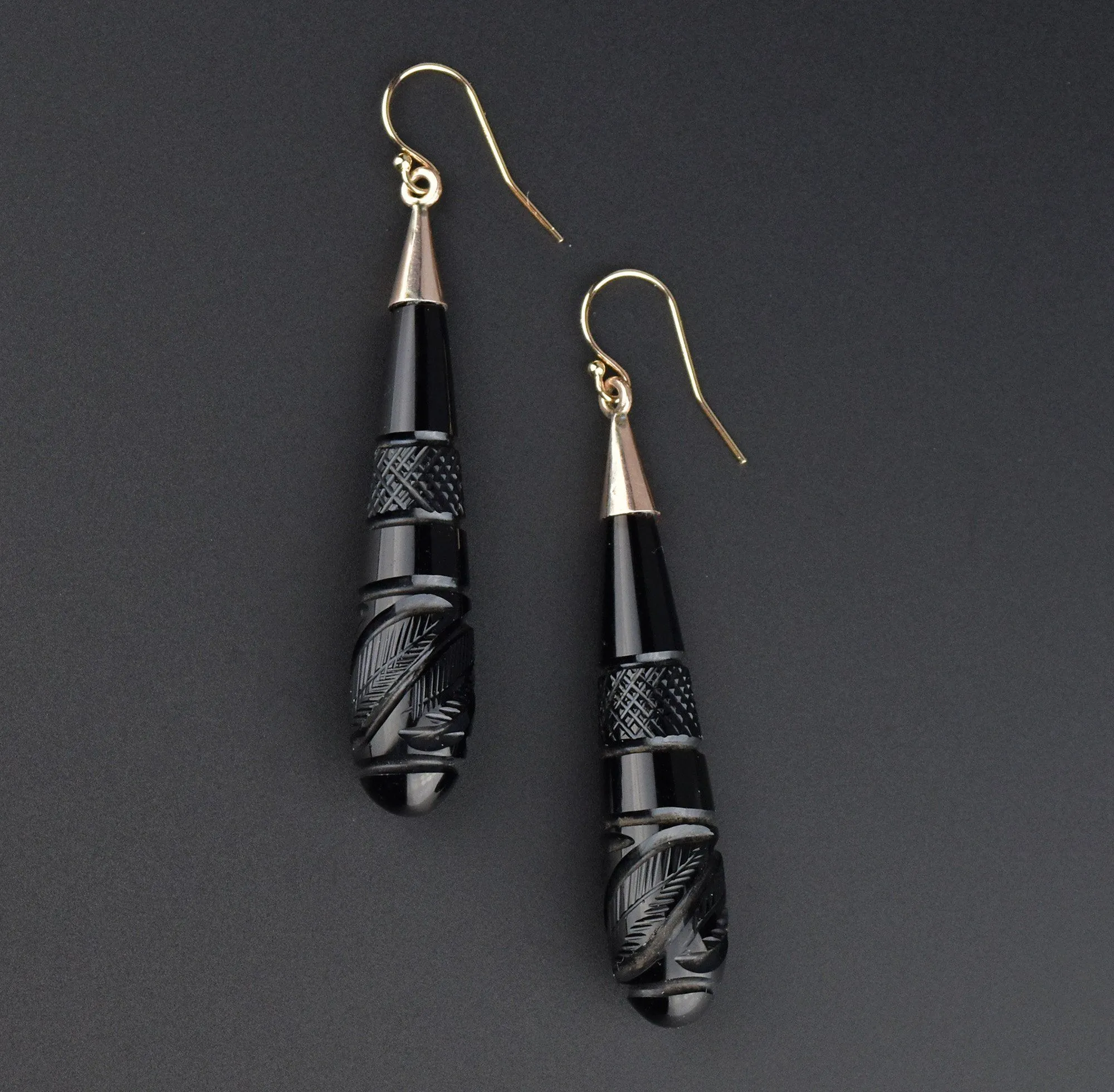 Victorian Carved Whitby Jet 14K Gold Earrings