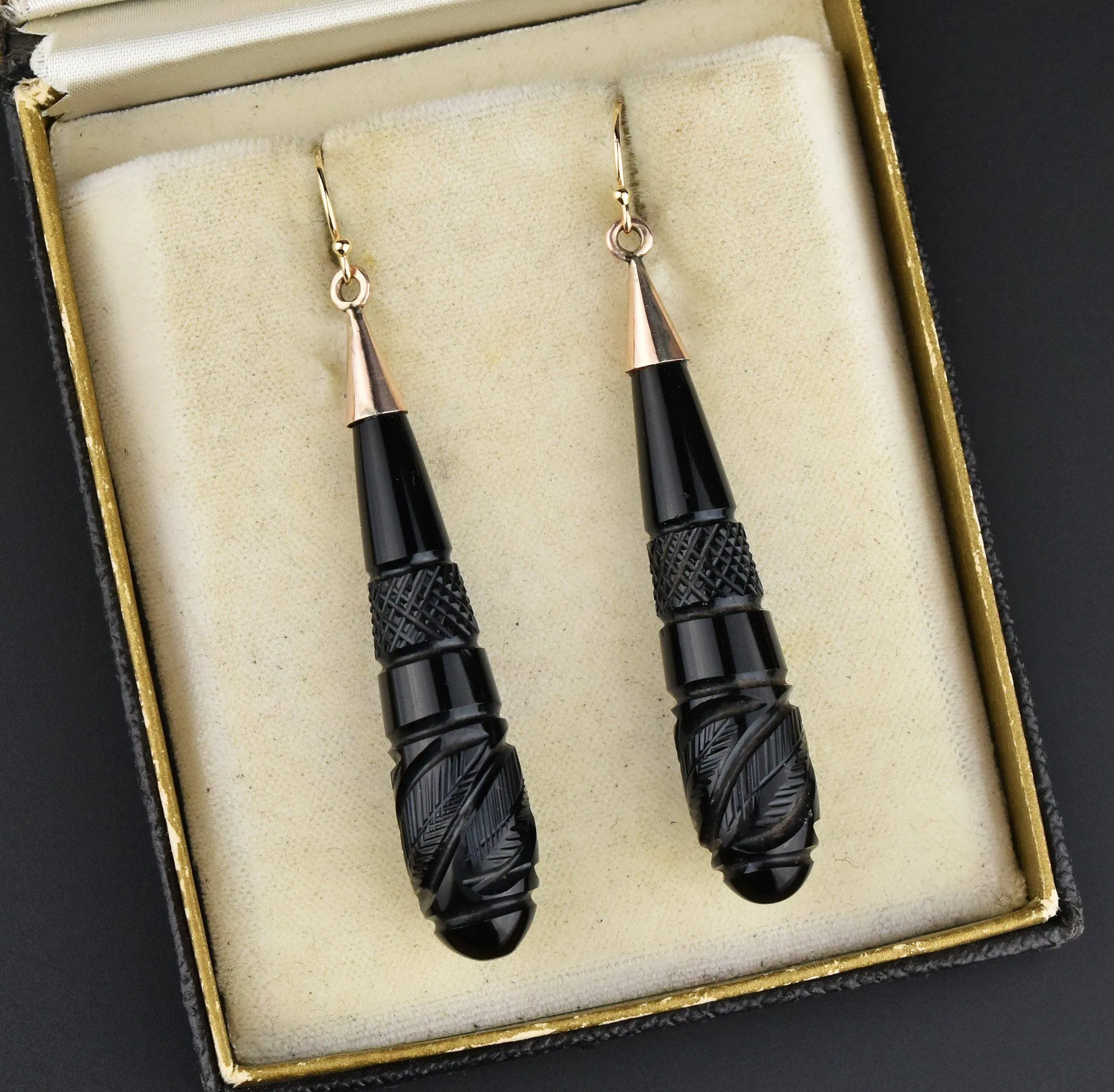 Victorian Carved Whitby Jet 14K Gold Earrings