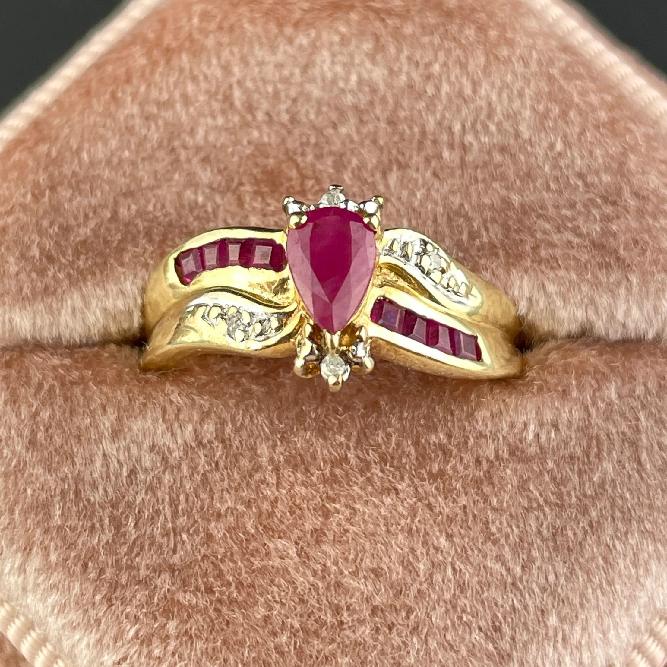 Vintage 10K Gold Diamond Ruby Wide Band Ring, Sz 5 1/2