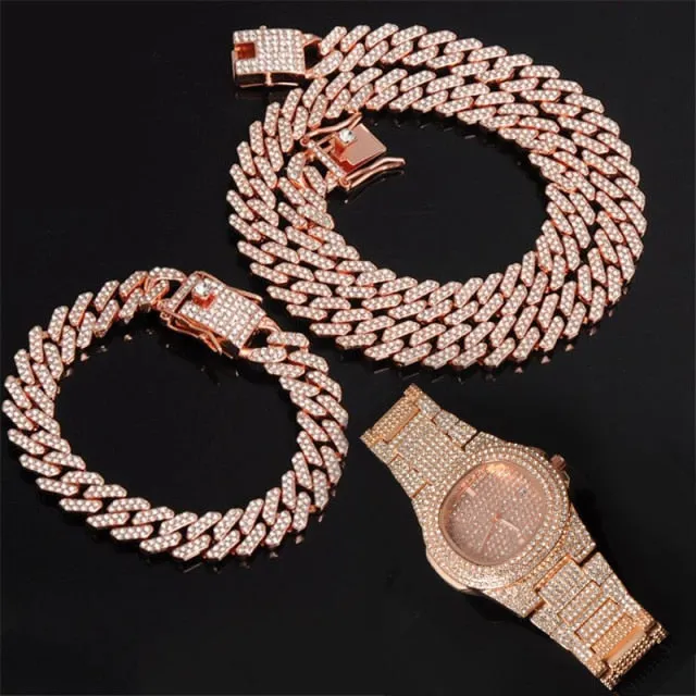 Watch  Chain Bracelet Bling Iced Out Crystal 15MM Paved Rhinestone Zircon Set for Men