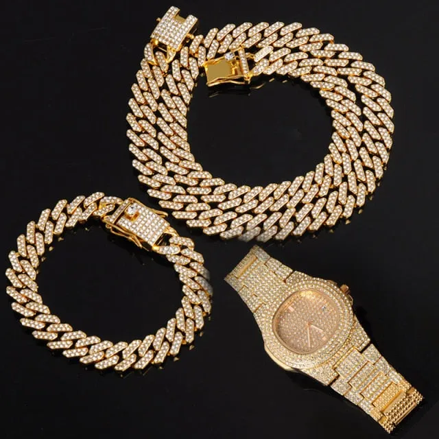 Watch  Chain Bracelet Bling Iced Out Crystal 15MM Paved Rhinestone Zircon Set for Men