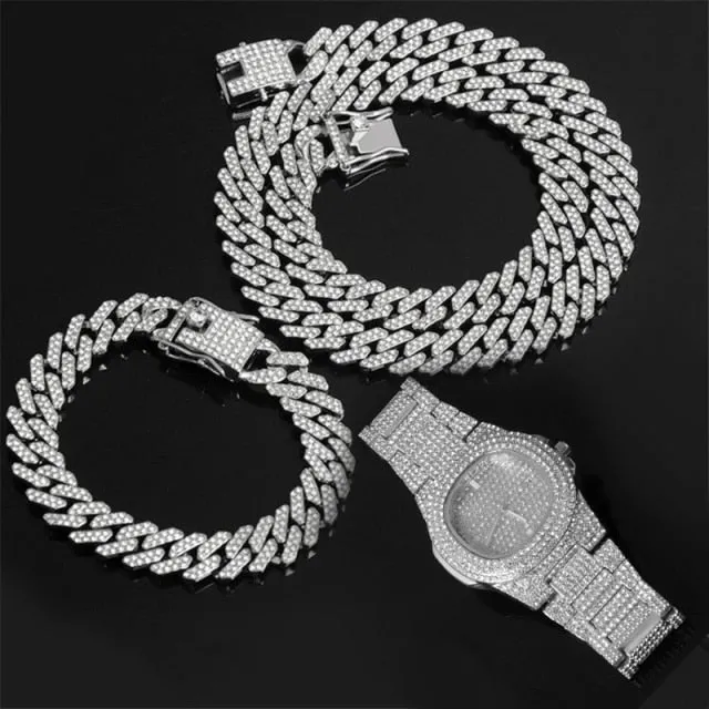 Watch  Chain Bracelet Bling Iced Out Crystal 15MM Paved Rhinestone Zircon Set for Men