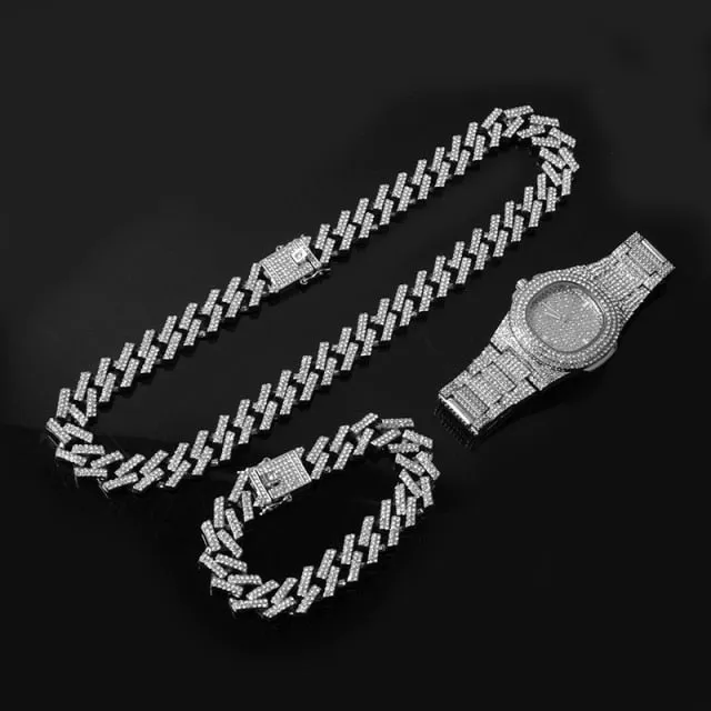 Watch  Chain Bracelet Bling Iced Out Crystal 15MM Paved Rhinestone Zircon Set for Men