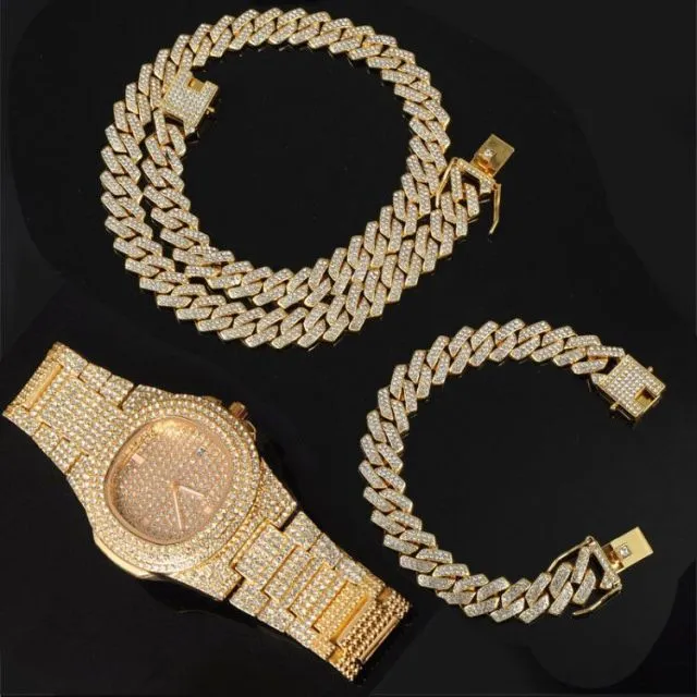 Watch  Chain Bracelet Bling Iced Out Crystal 15MM Paved Rhinestone Zircon Set for Men