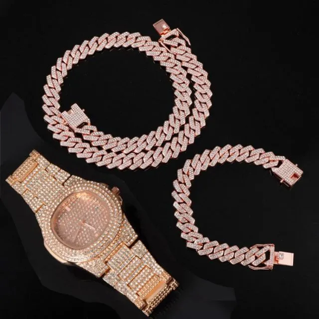 Watch  Chain Bracelet Bling Iced Out Crystal 15MM Paved Rhinestone Zircon Set for Men