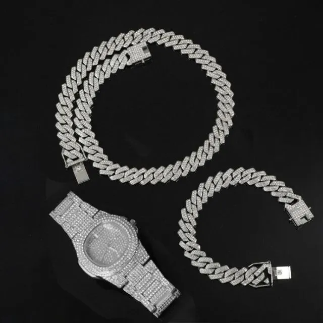 Watch  Chain Bracelet Bling Iced Out Crystal 15MM Paved Rhinestone Zircon Set for Men