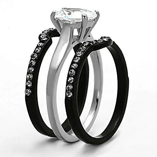 WildKlass Stainless Steel Ring Wedding Two-Tone IP Black Women AAA Grade CZ Clear