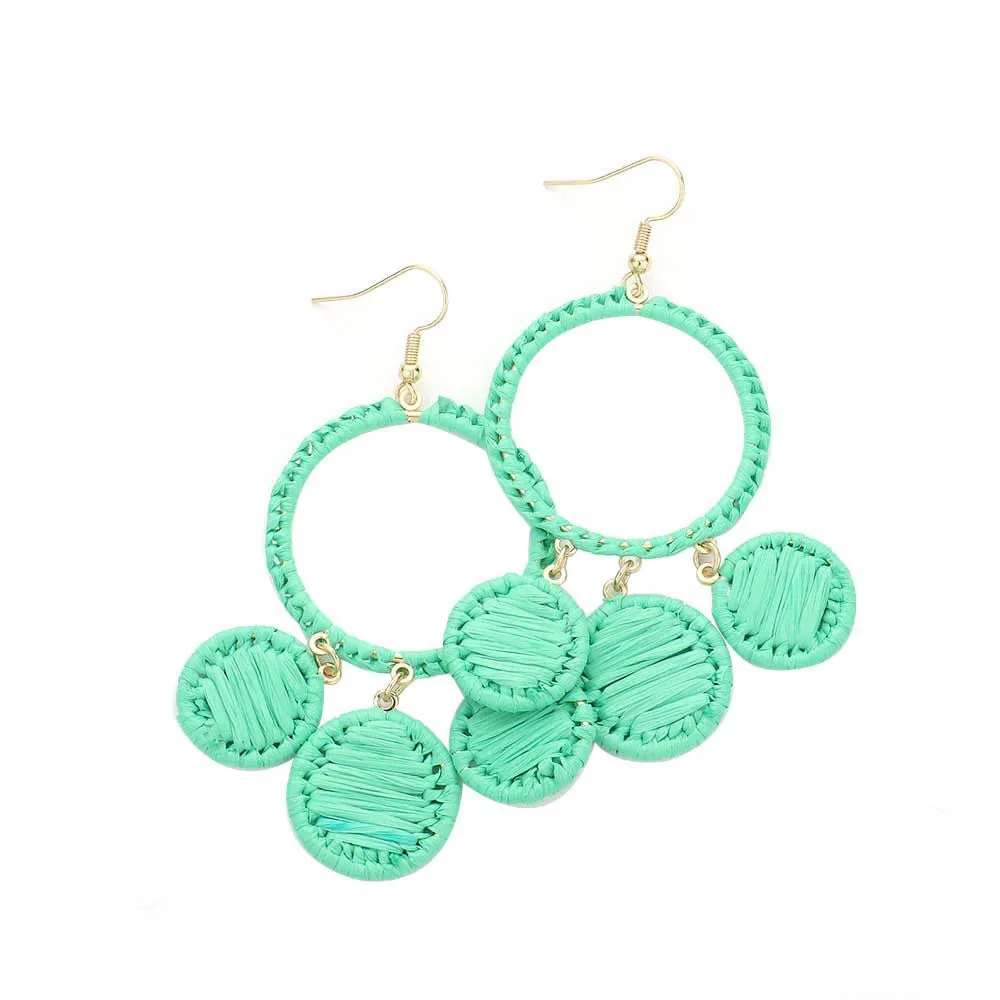 Woven Raffia Open Circle Triple Round Link Dangle Earrings