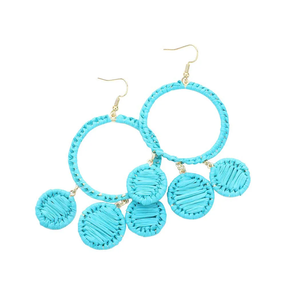 Woven Raffia Open Circle Triple Round Link Dangle Earrings