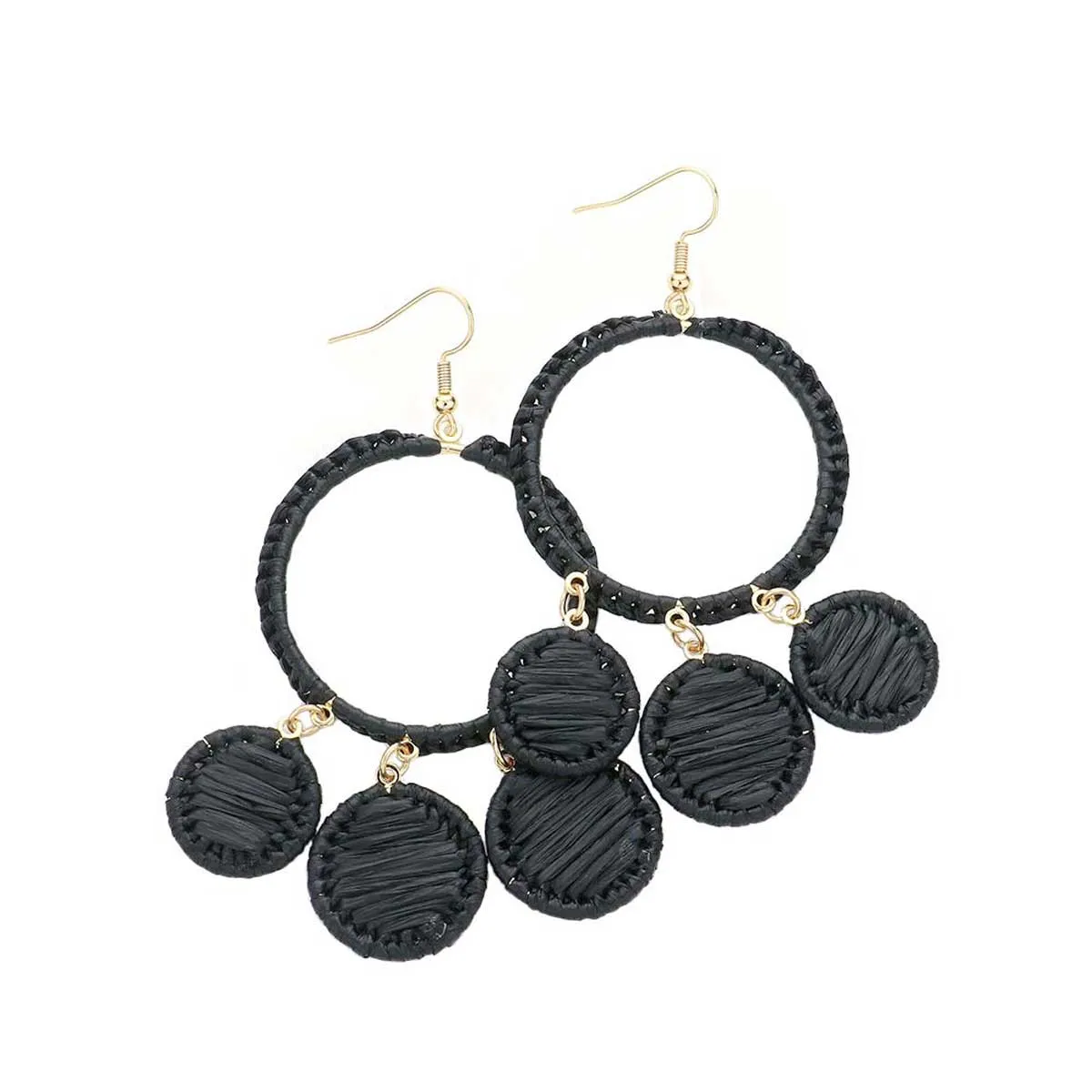 Woven Raffia Open Circle Triple Round Link Dangle Earrings