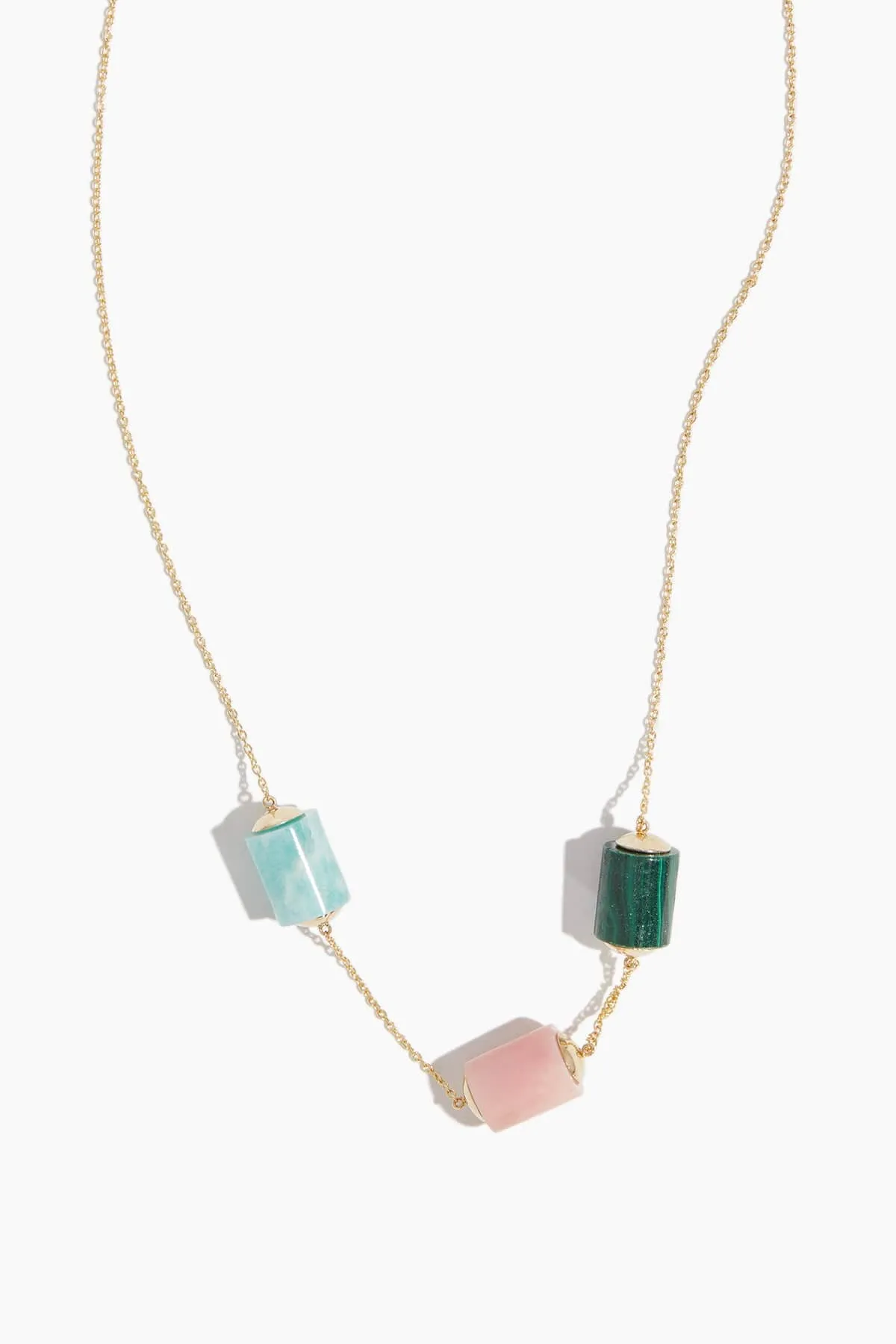 Yellow Gold Deco Cilindro Trio Necklace in Amazonite/Pink Opal/Malachite